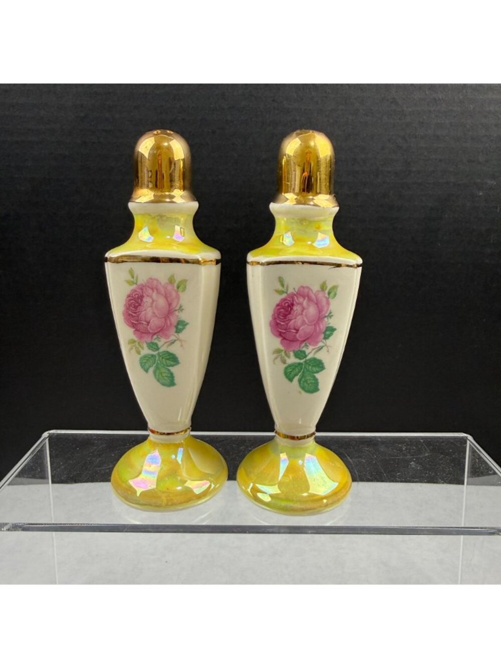 Vintage Salt and Pepper Shakers Yellow Lusterware Pink Rose - Picture 3 of 7